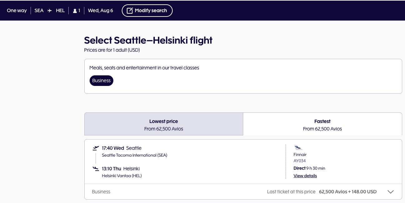 Finnair SEA HEL Avios