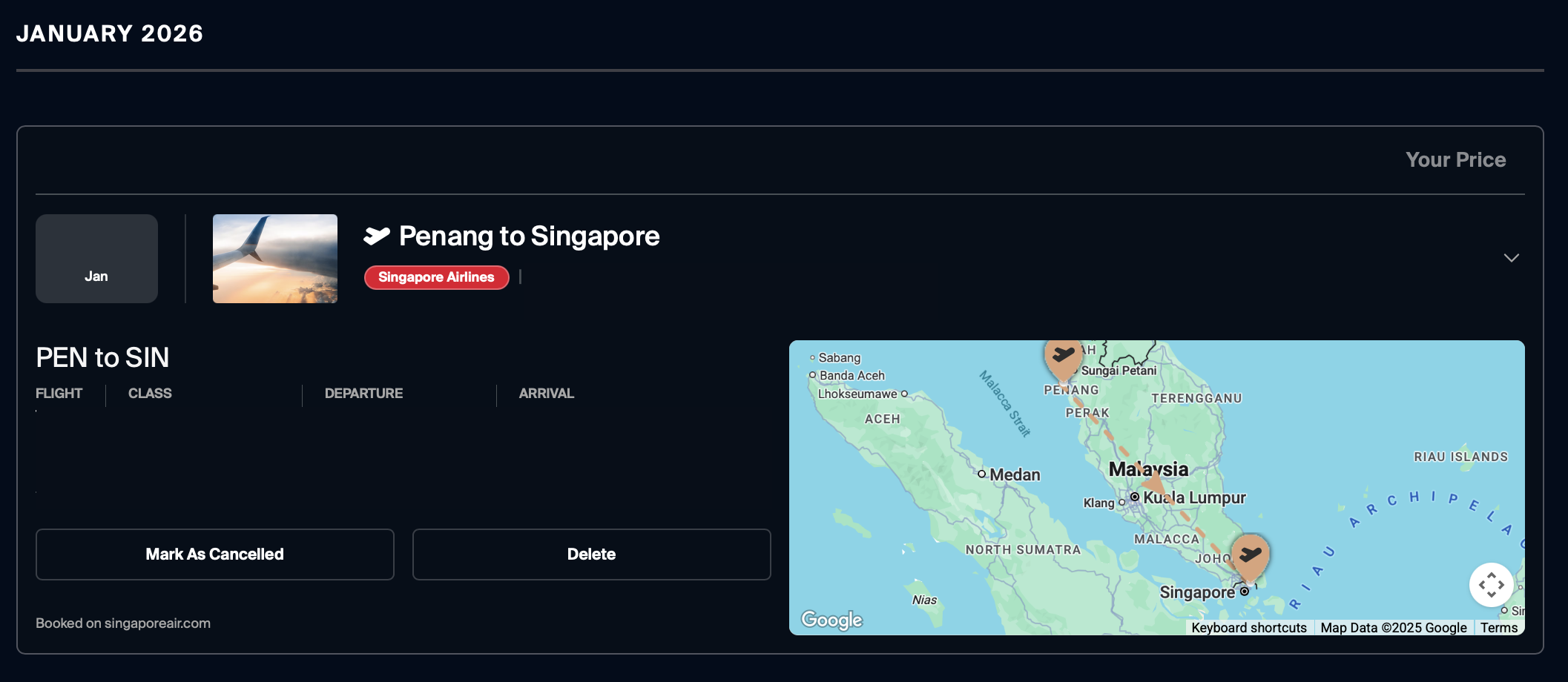 Singapore Airlines Flight on Gondola Trips Tab