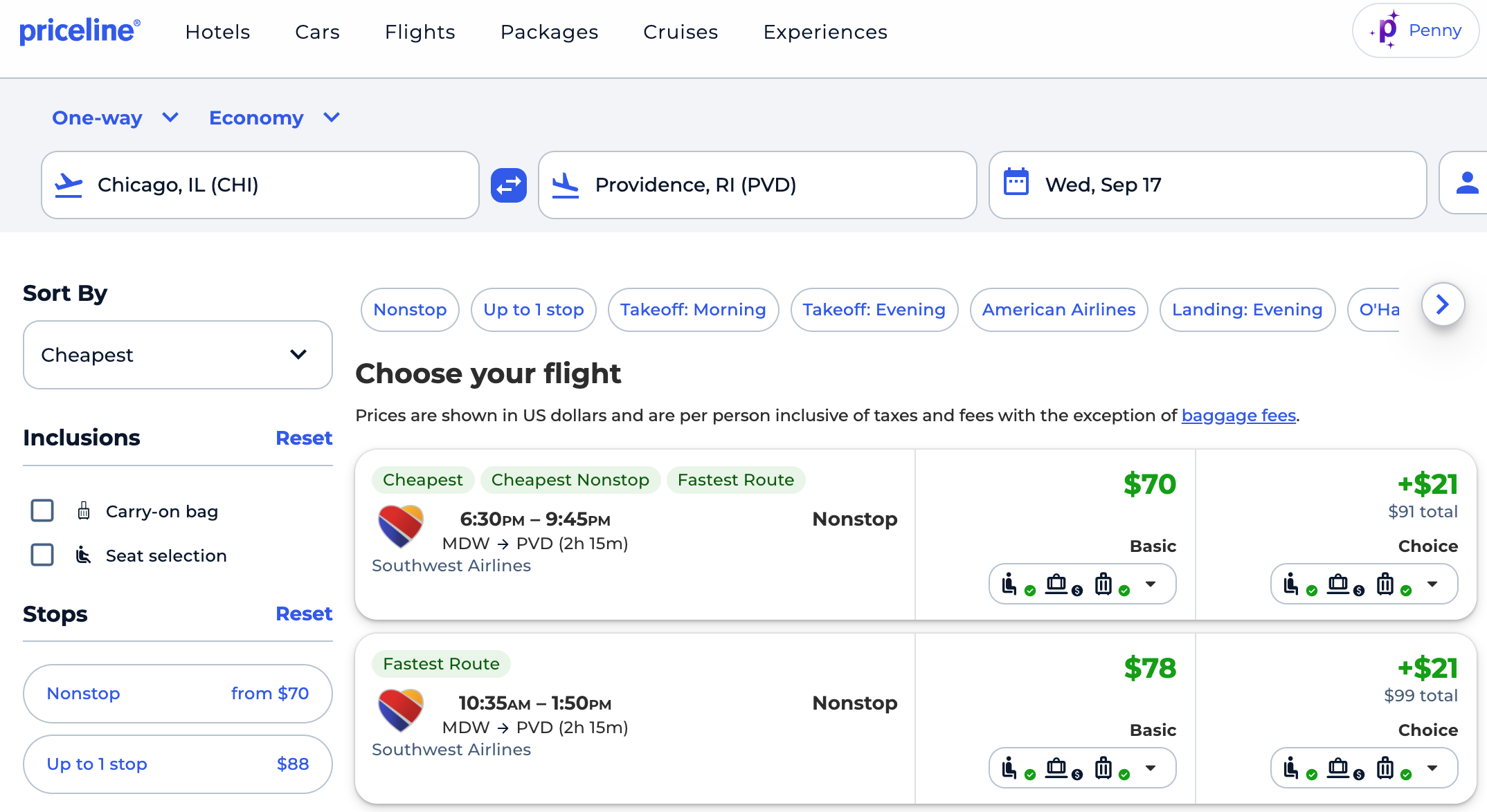 Southwest Flights on Priceline