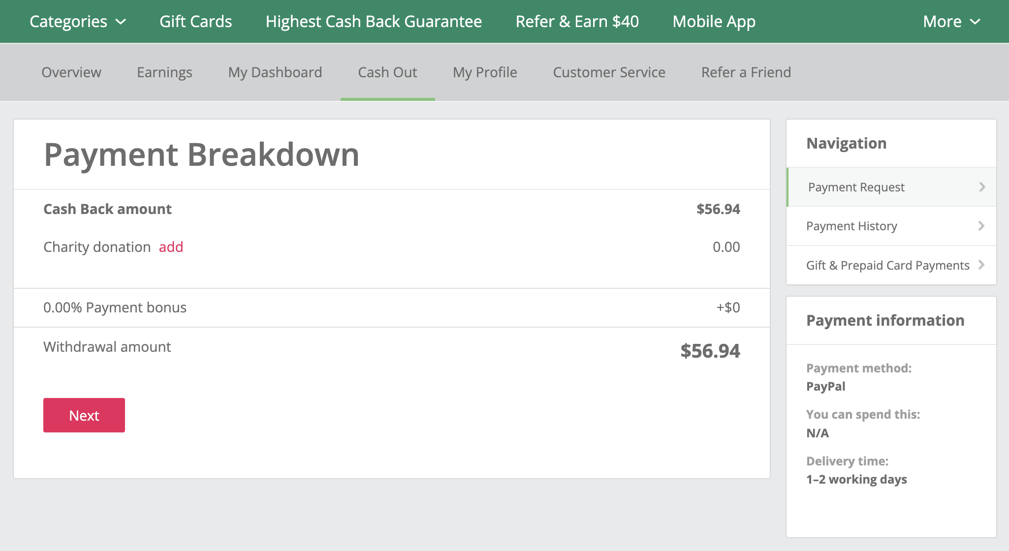 TopCashBack cash out page TopCashBack cash out page