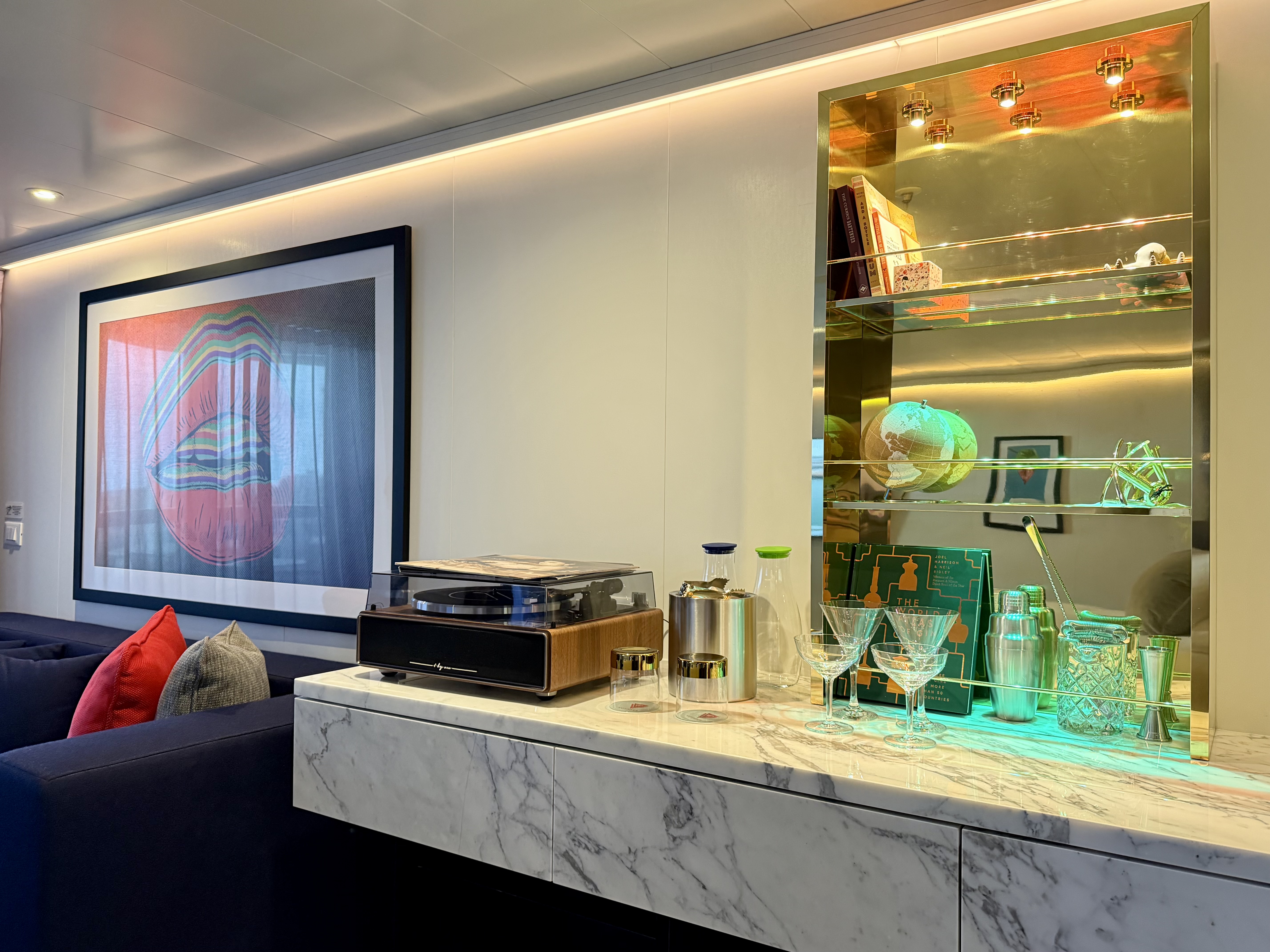 Virgin Voyages Brilliant Lady Brilliant Suite living area Virgin Voyages Brilliant Lady Brilliant Suite living area