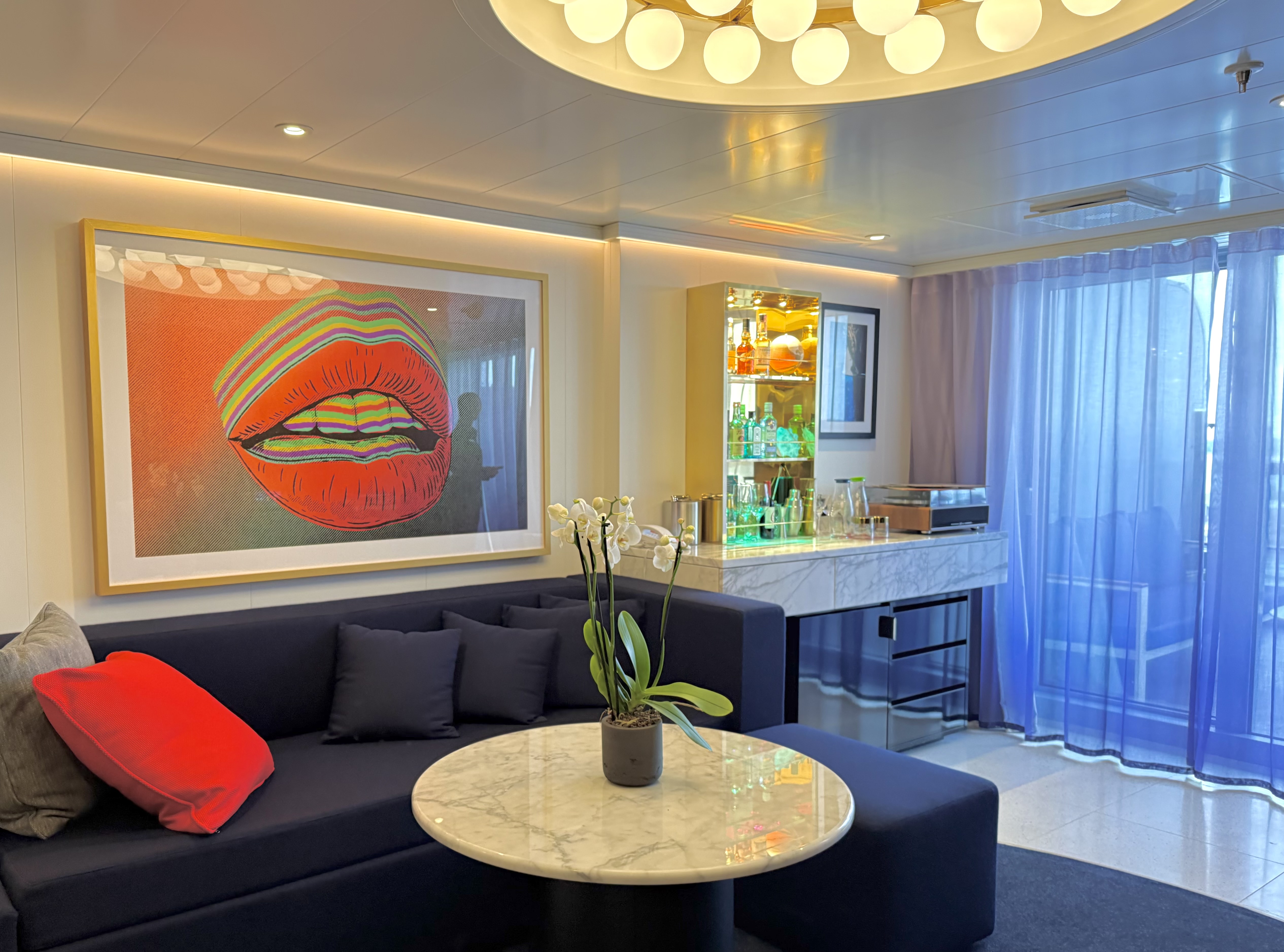 Virgin Voyages Brilliant Lady Posh Suite living area Virgin Voyages Brilliant Lady Posh Suite living area