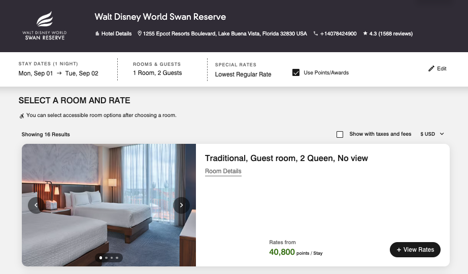 Walt Disney Swan Reserve Pricing