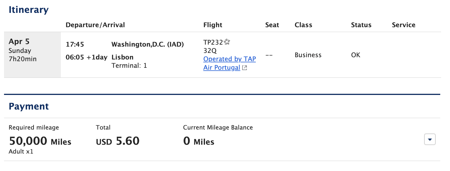 ANA Award Ticket from IAD to LIS