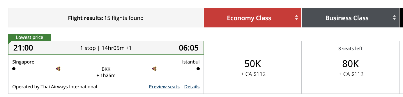 Aeroplan award booking SIN BKK IST Aeroplan award booking SIN BKK IST