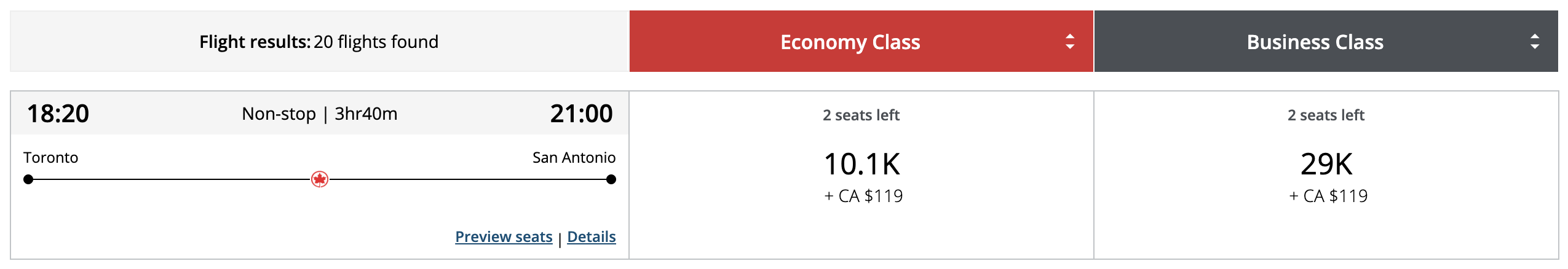Air Canada Aeroplan points YYZ SAT June 2026 Air Canada Aeroplan points YYZ SAT June 2026