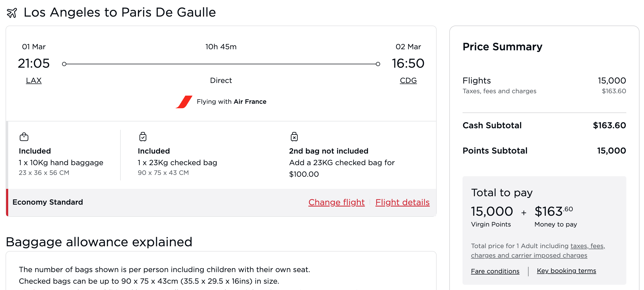 Air France Award Ticket from LAX to CDG on Virgin Atlantics Website