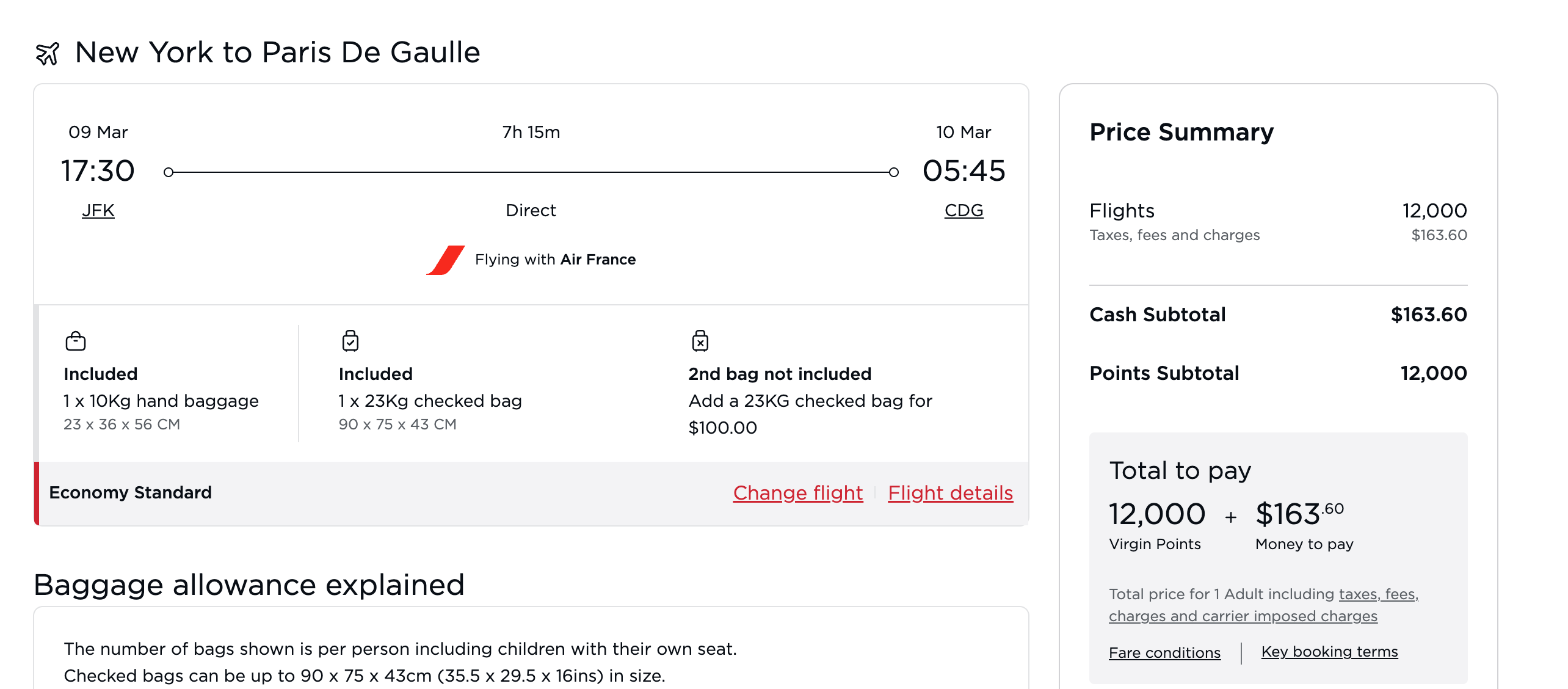 Air France Award Ticket on Virgin Atlantics Website