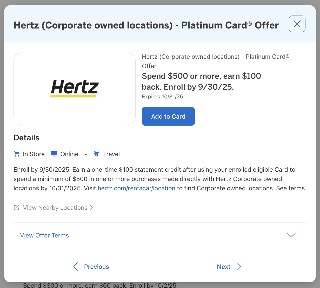 Amex Offer Hertz September 2025