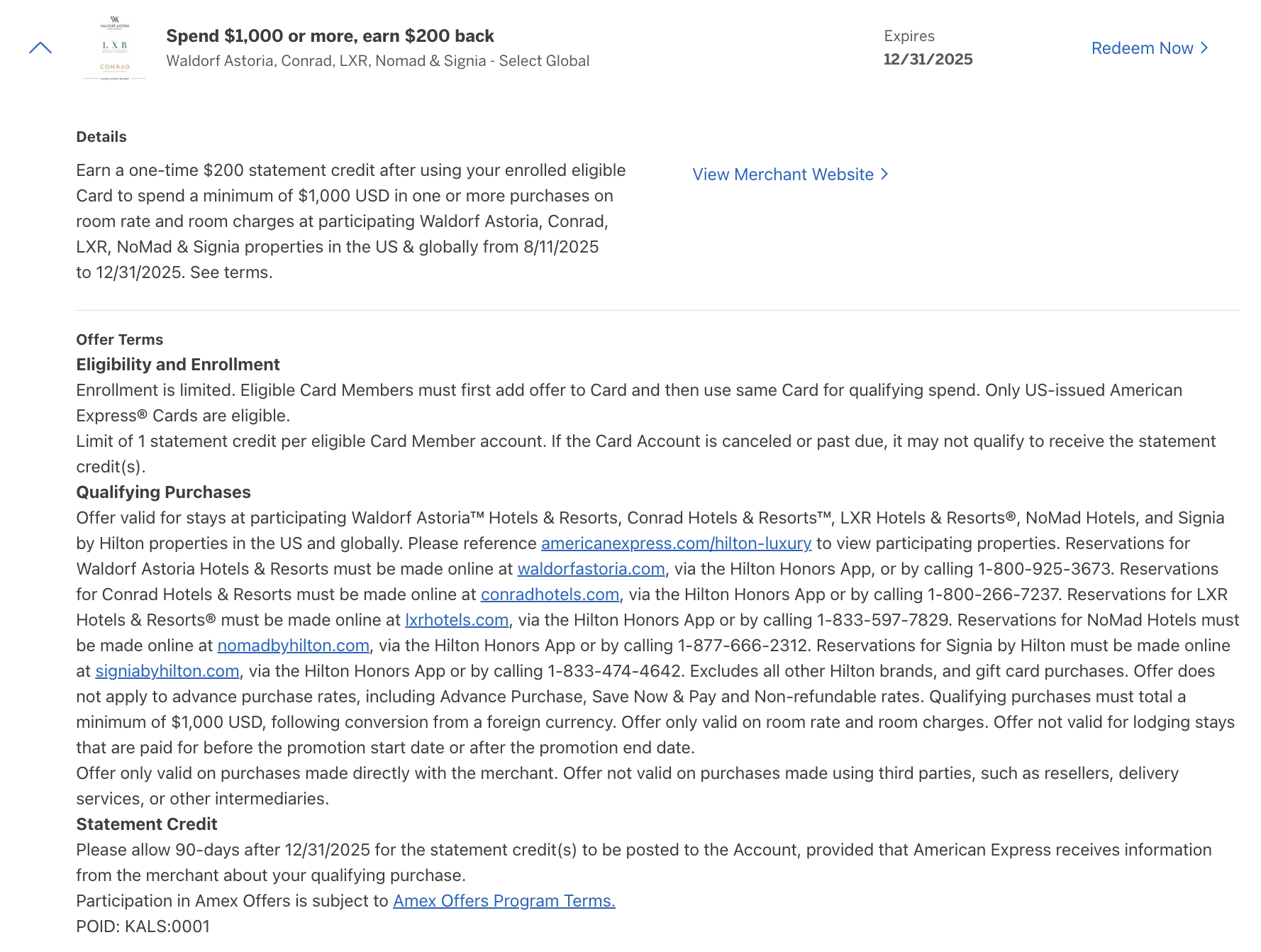 Amex Offer example Hilton luxury brands Amex Offer example Hilton luxury brands