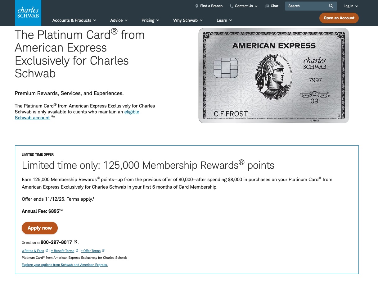 Amex Platinum Schwab 125k offer