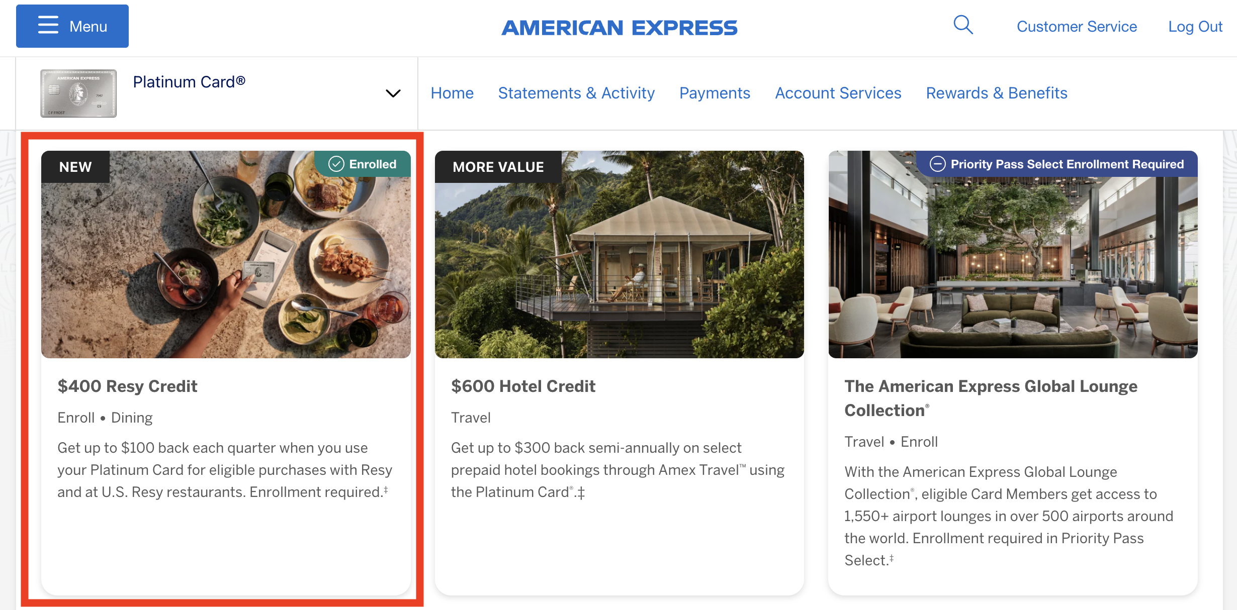 Amex Platinum Resy credit enrollment