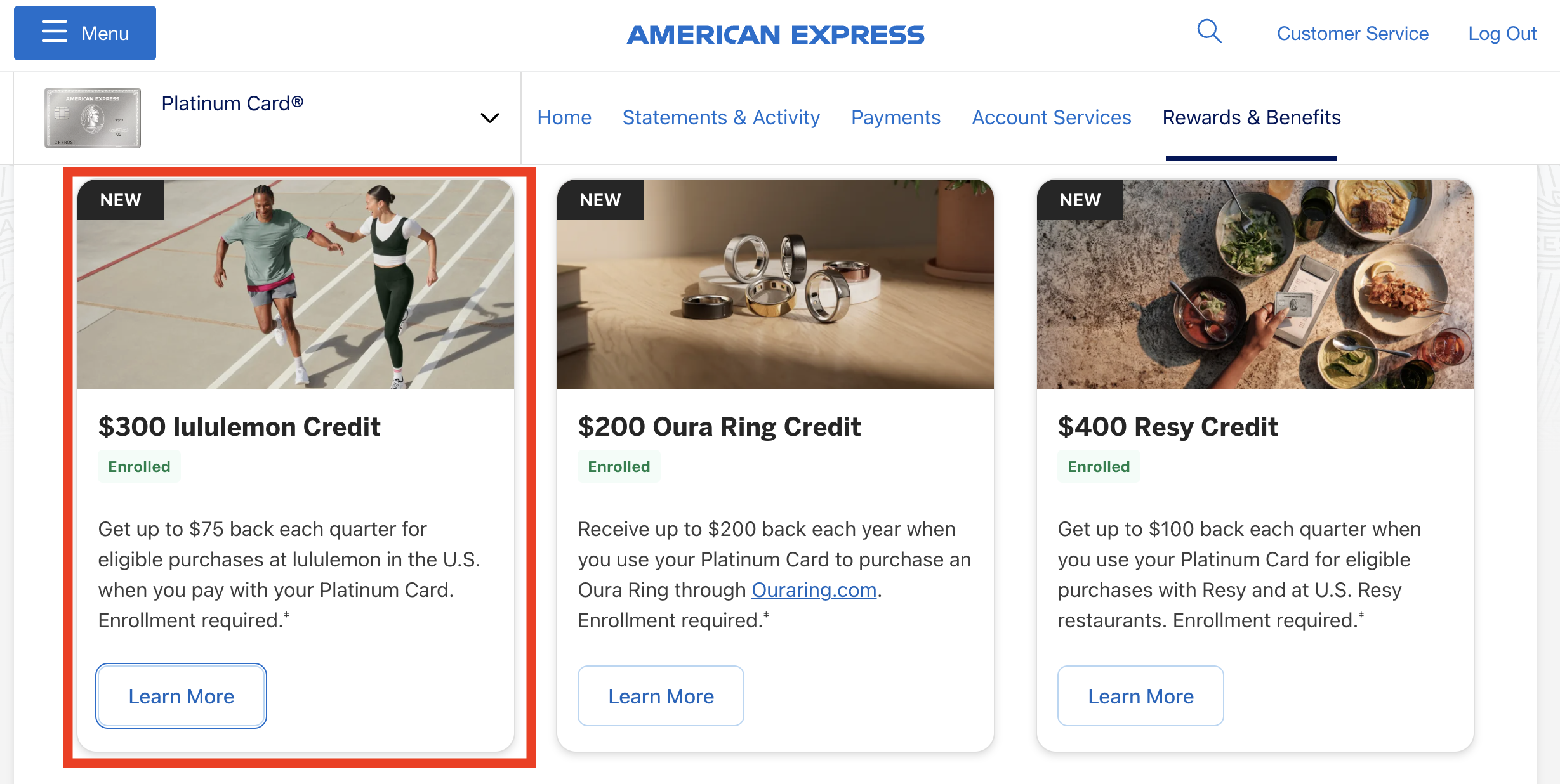 Amex Platinum lululemon credit enrollment