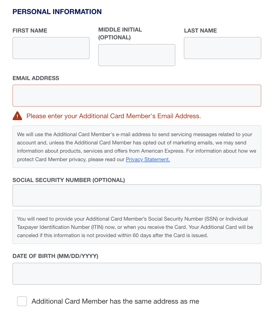 Amex additional user personal info