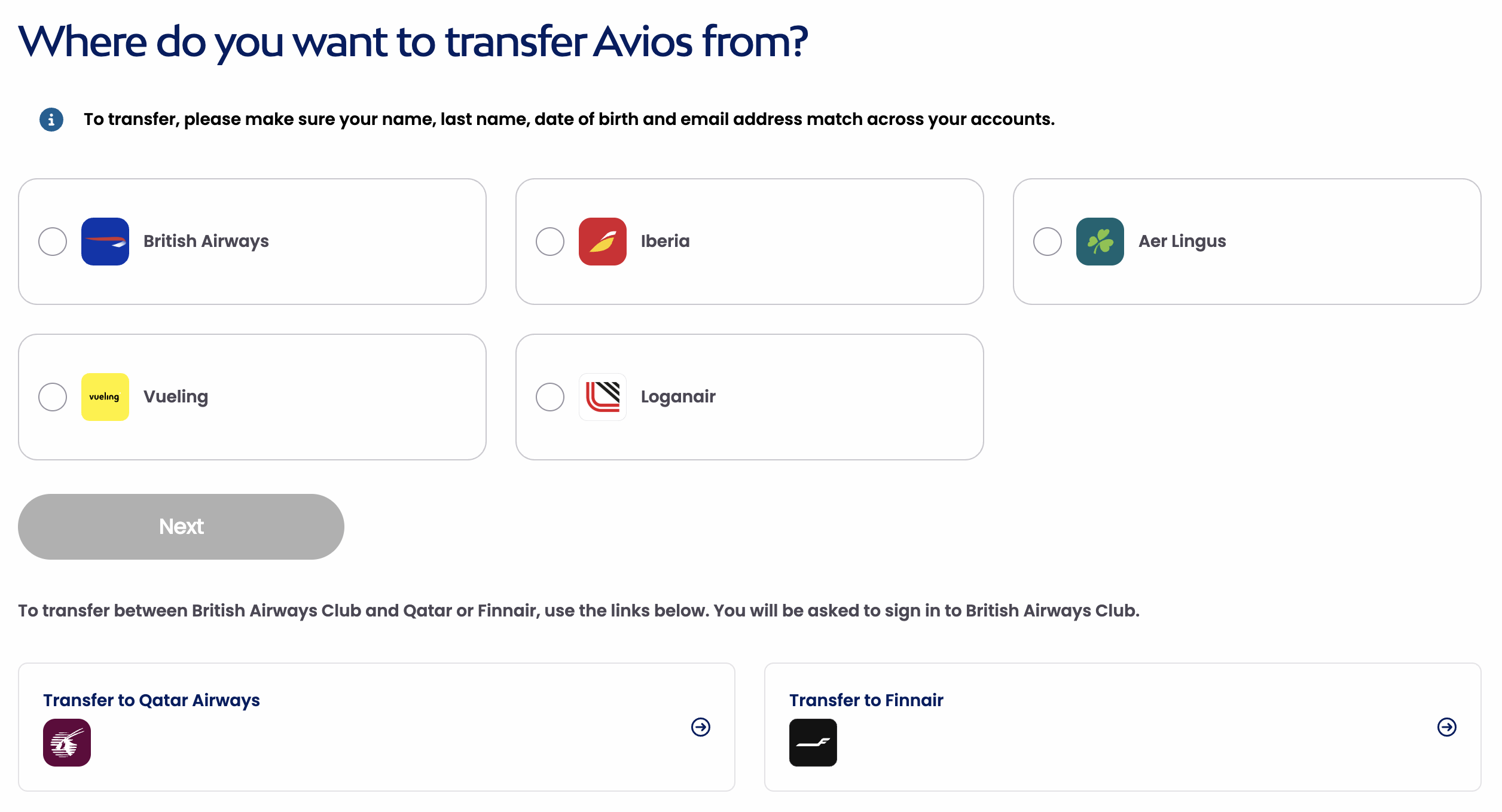 Avios transfer tool options