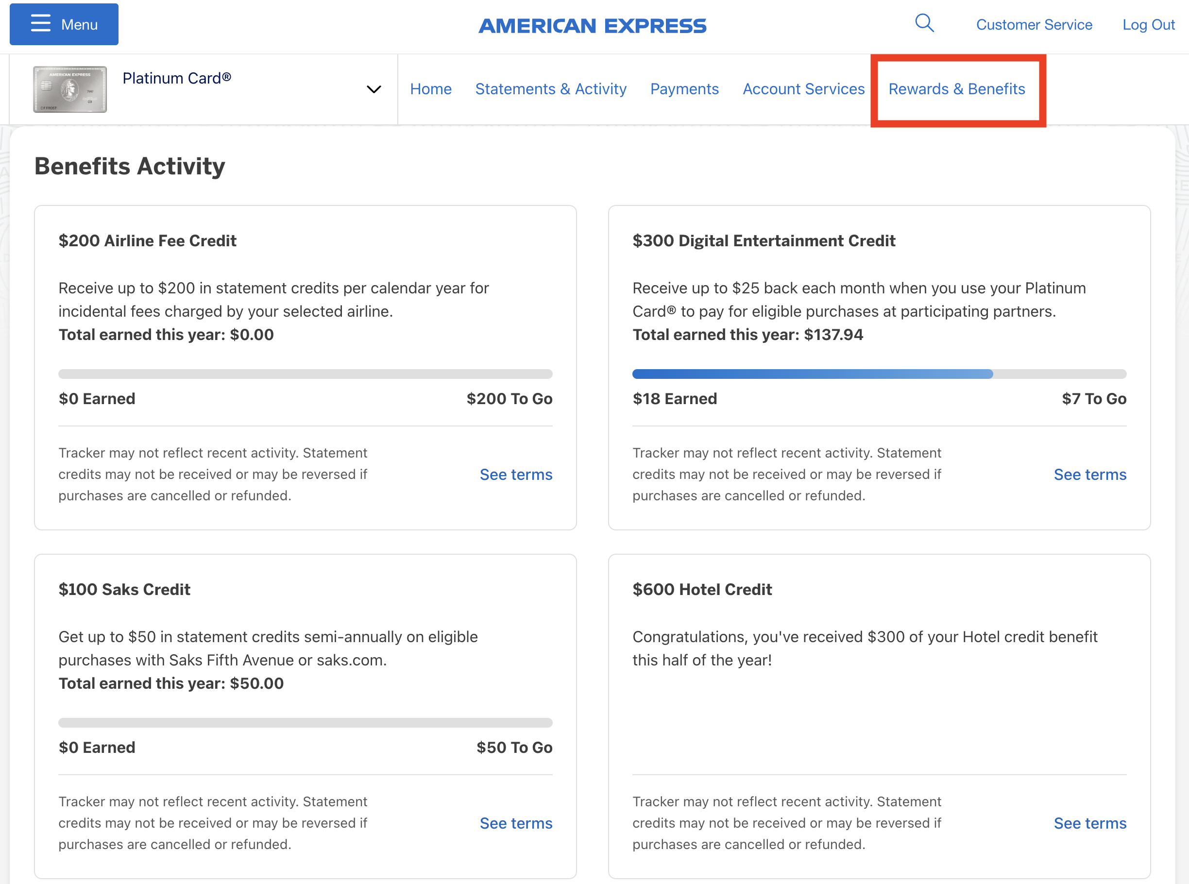 Benefits tracker in Amex account