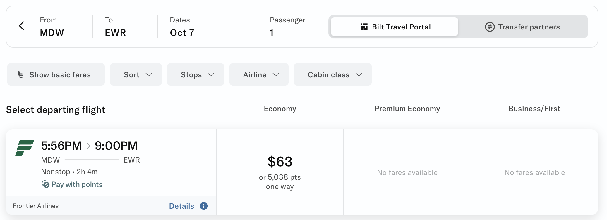 Bilt Travel Portal Showing a Frontier Flight from Chicago to Newark Bilt Travel Portal Showing a Frontier Flight from Chicago to Newark