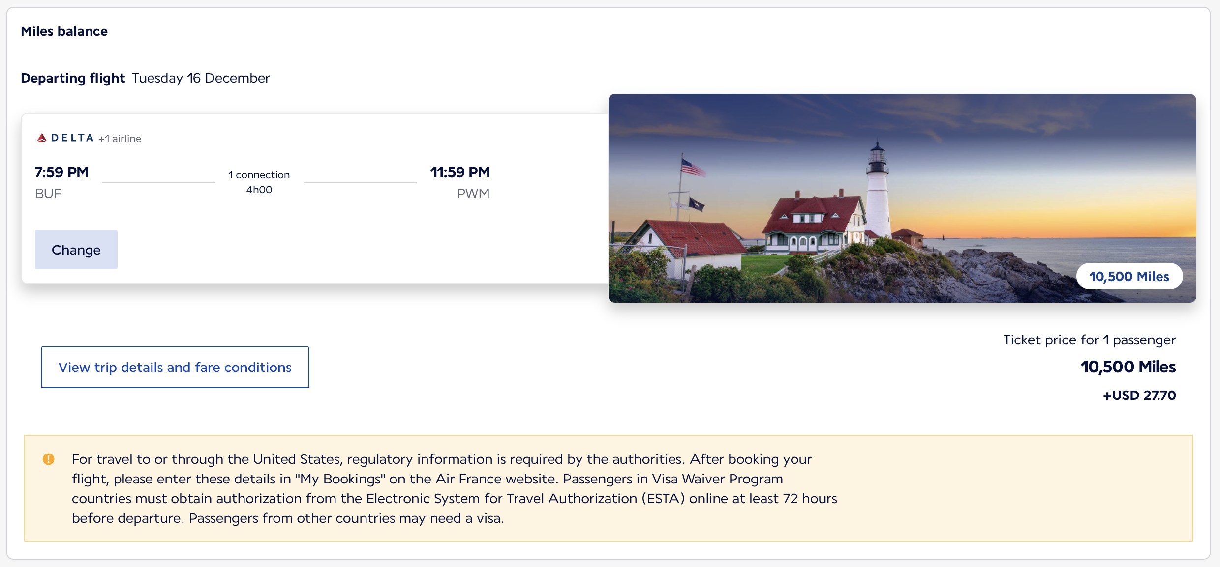 Buffalo to Portland Maine One Way Award Ticket on the Flying Blue Website