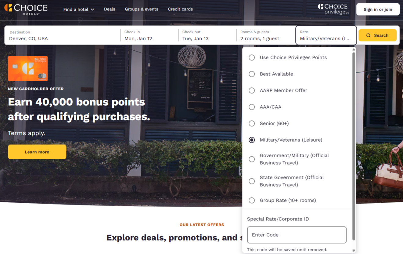 Choice Military Rate Choice Hotels military discount search