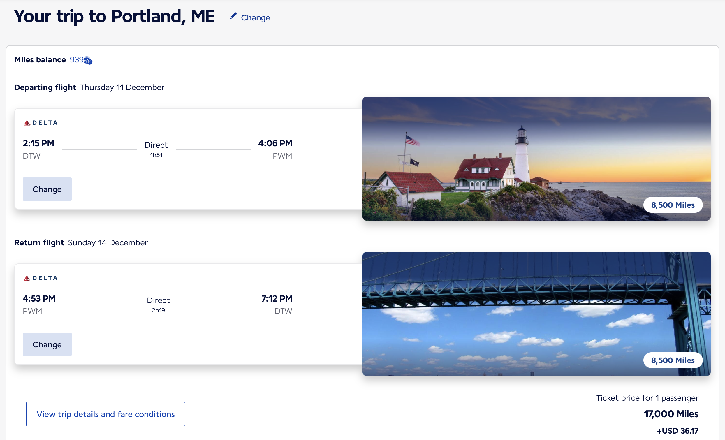 Detroit to Portland Maine Award Ticket on the Flying Blue Website