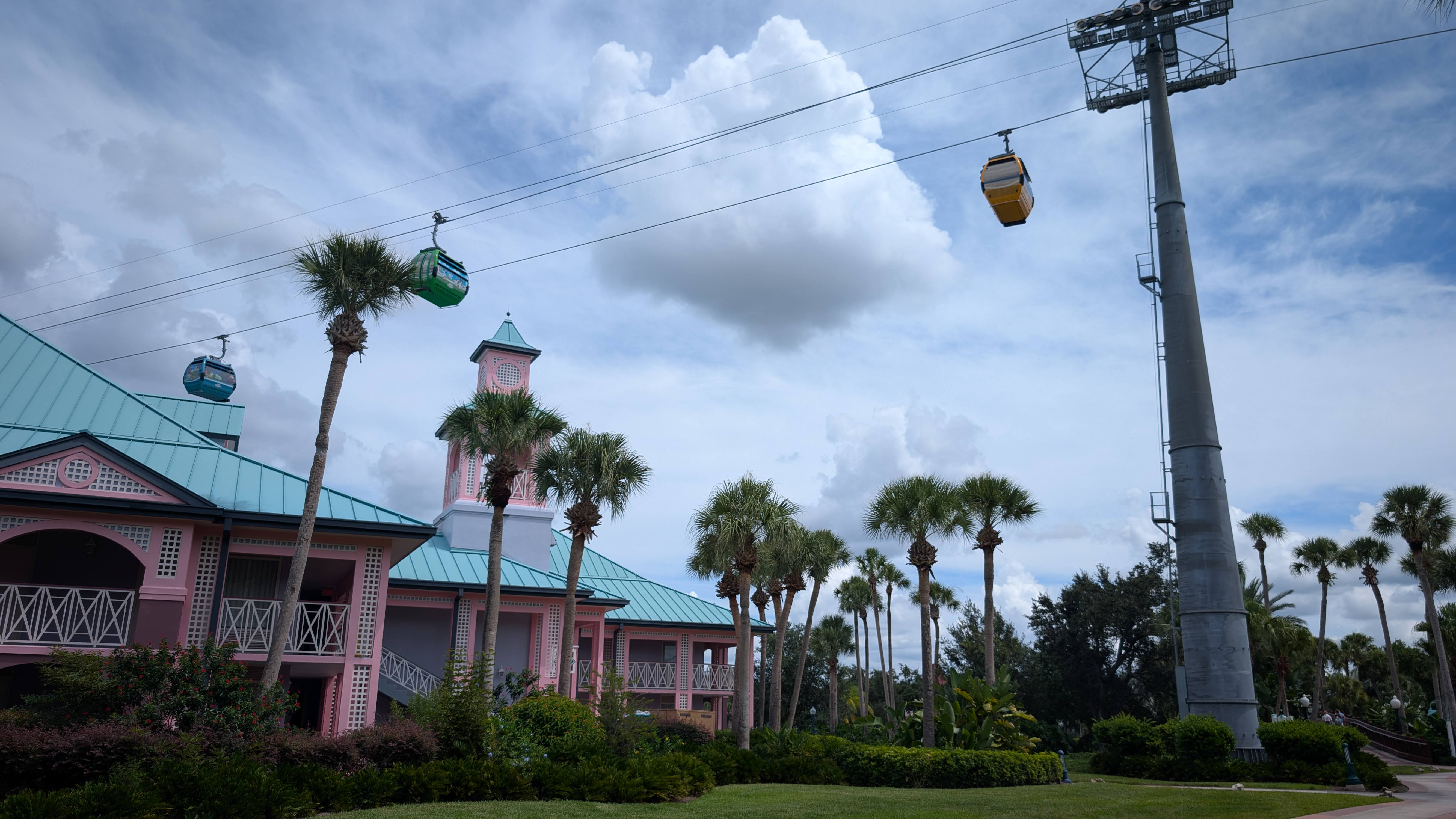 Disney’s Caribbean Beach Resort Skyliner over Jamaica buildings Disney's Caribbean Beach Resort Skyliner over Jamaica buildings
