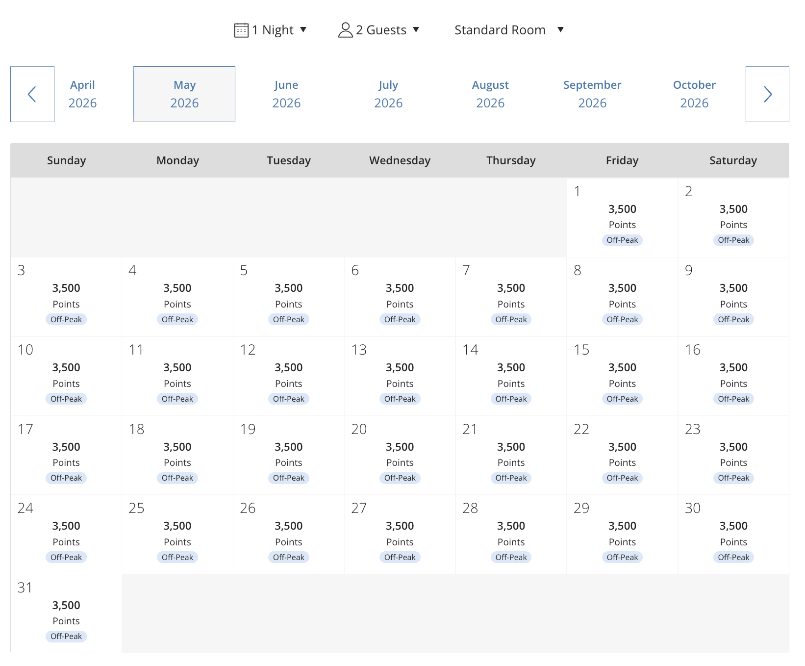 Hyatt Regency Cape Town points calendar
