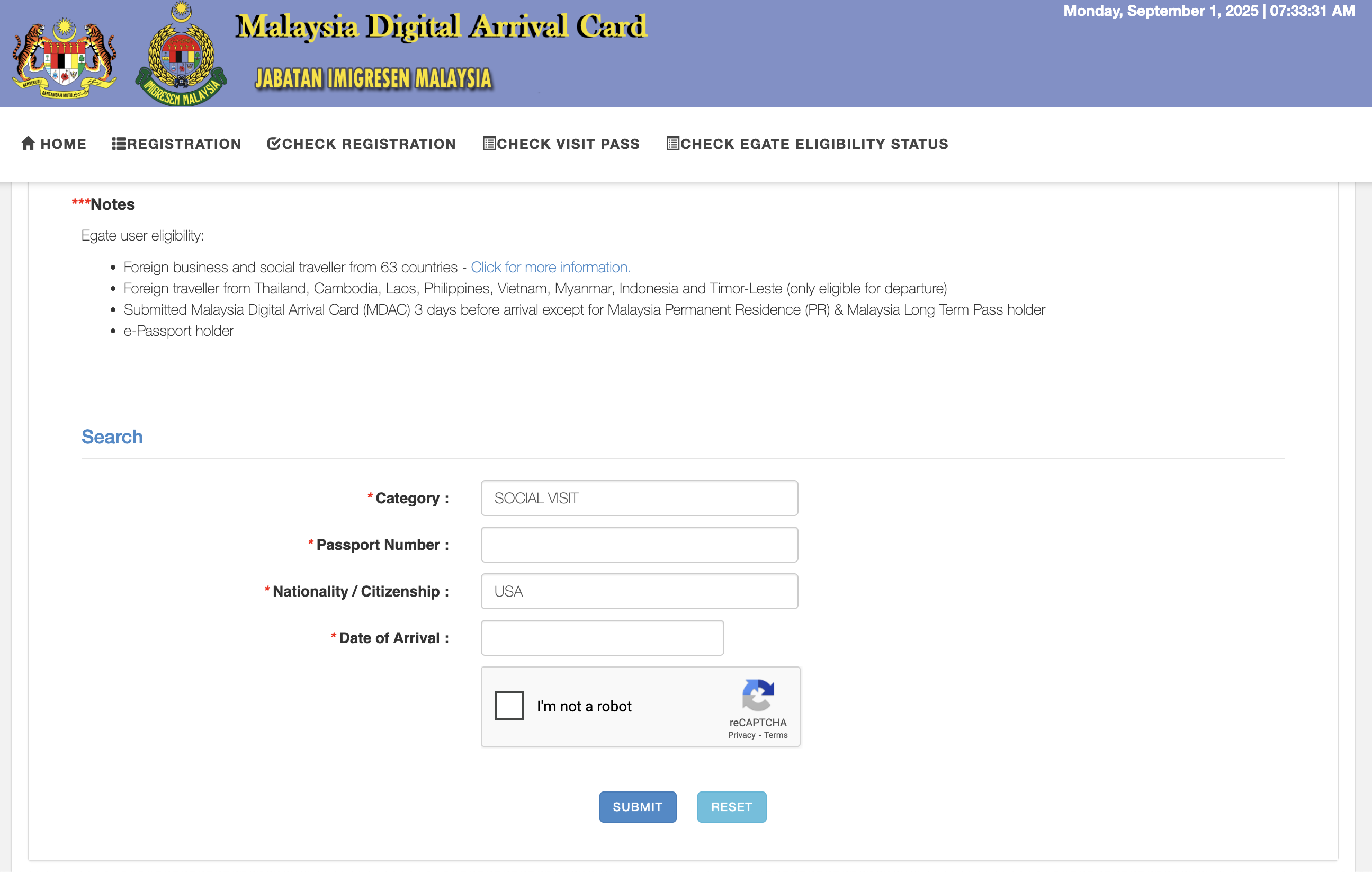 Malaysia Digital Arrival Card enrollment page