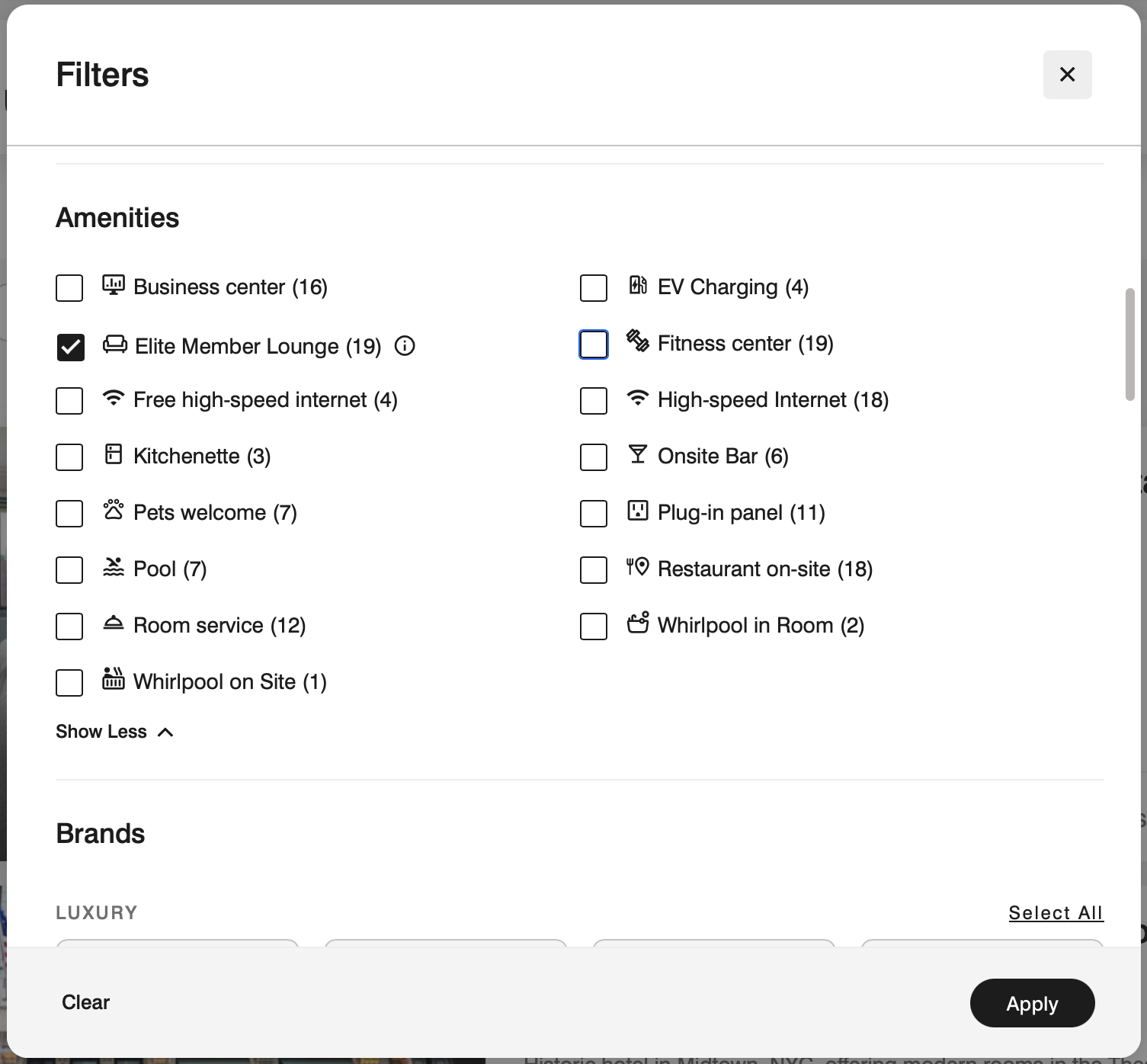 Marriott search filter options with the lounge filter selected Marriott search filter options with the lounge filter selected