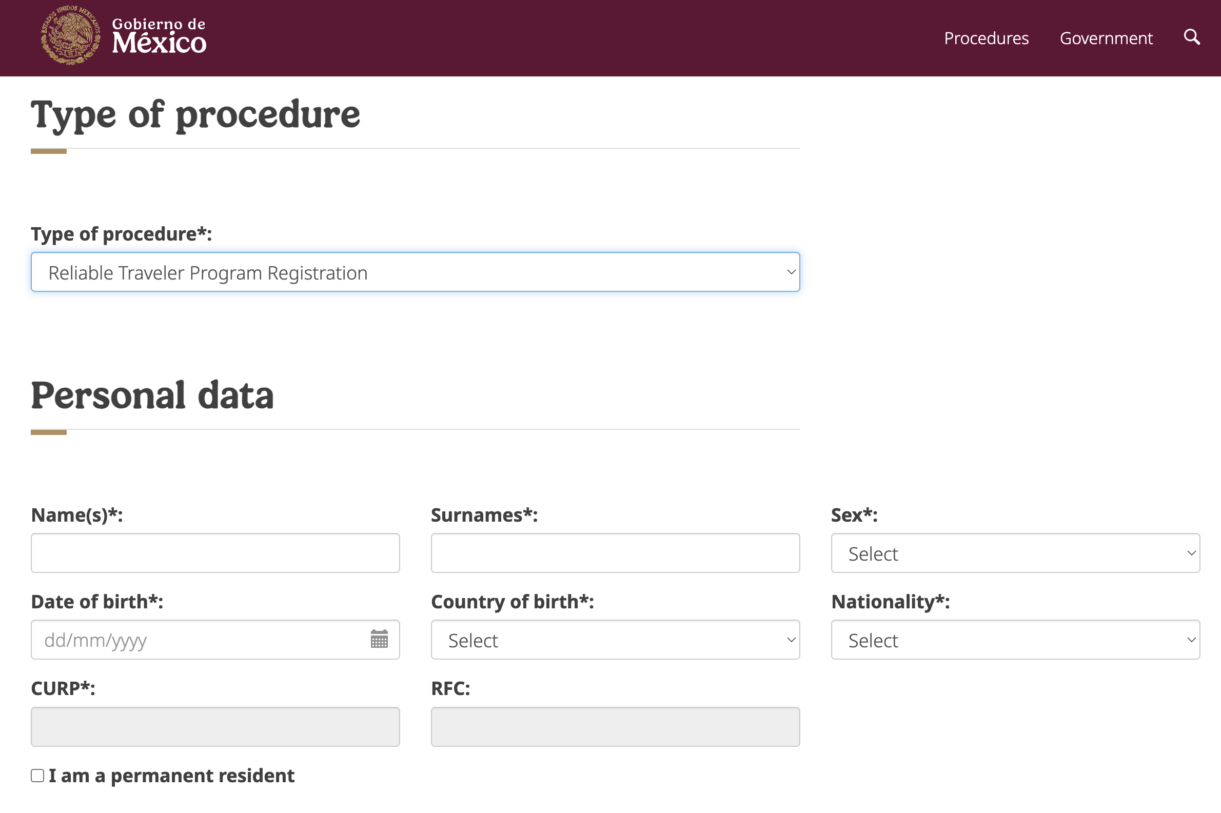 Mexico Viajero Confiable enrollment page