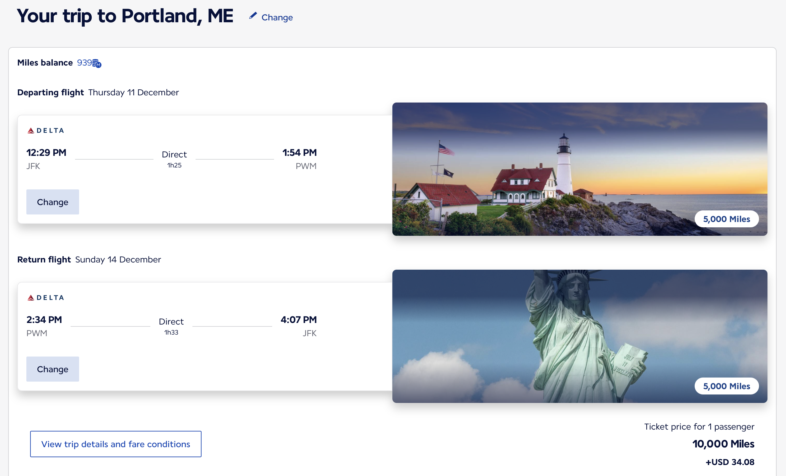 New York to Portland Maine Award Ticket on the Flying Blue Website