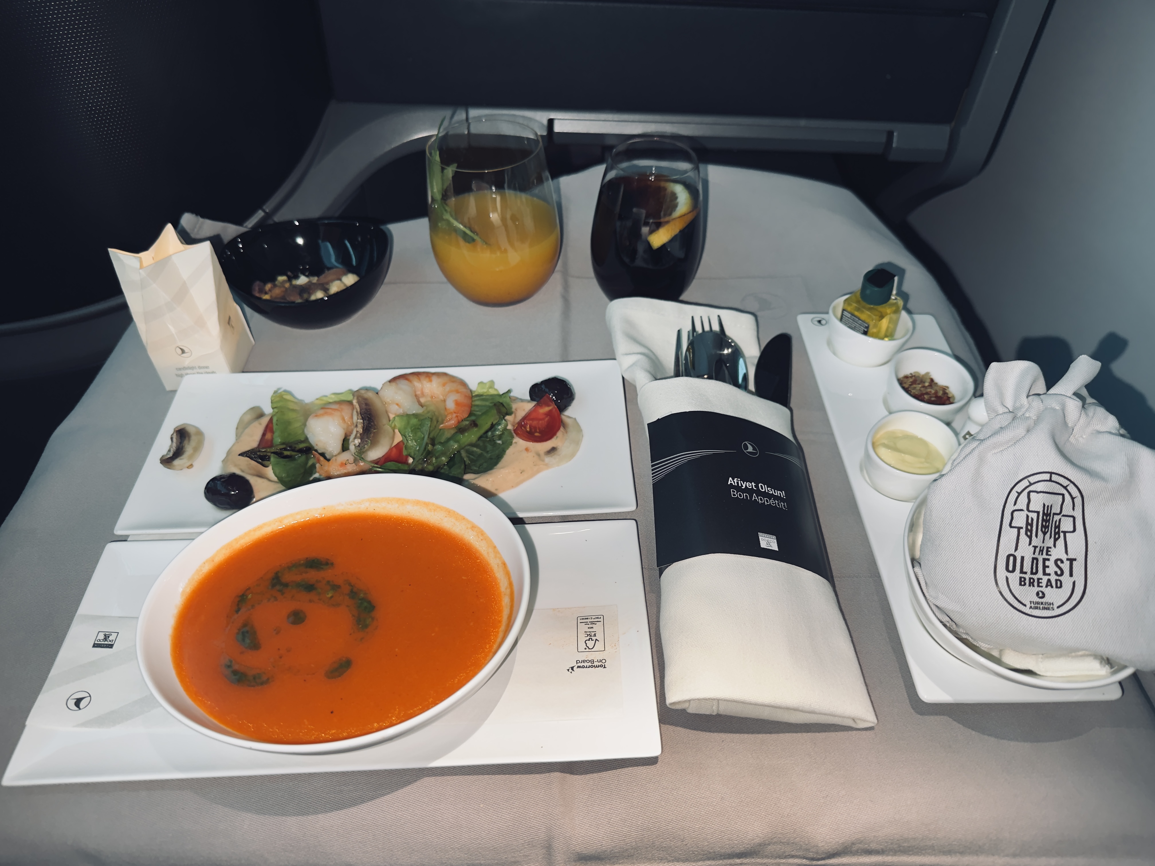 Turkish Airlines business class soup and cocktail Turkish Airlines business class soup and cocktail