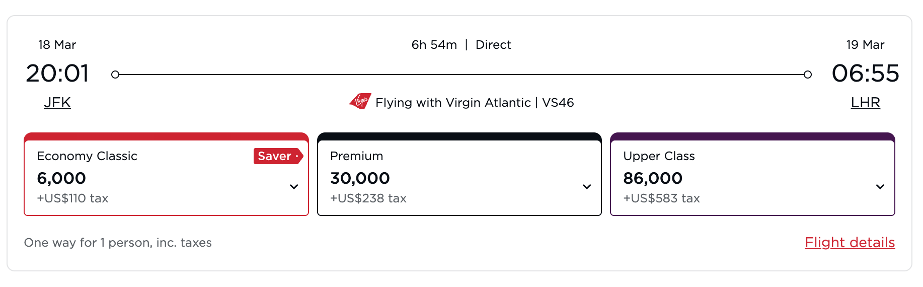 Virgin Atlantic Award Flight from JFK to LHR