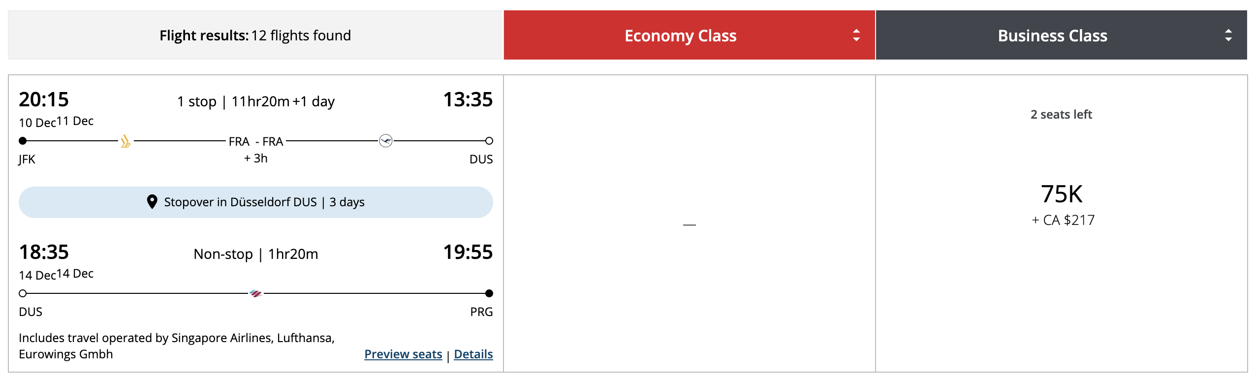 Aeroplan Itinerary from New York to Prague with a stopover in Dusseldorf Aeroplan Itinerary from New York to Prague with a stopover in Dusseldorf