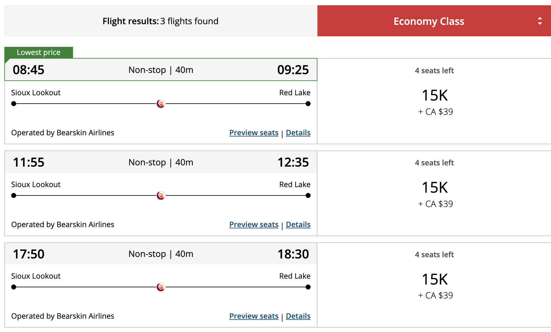 Aeroplan redemption YXL YRL Bearskin Airlines Aeroplan redemption YXL YRL Bearskin Airlines