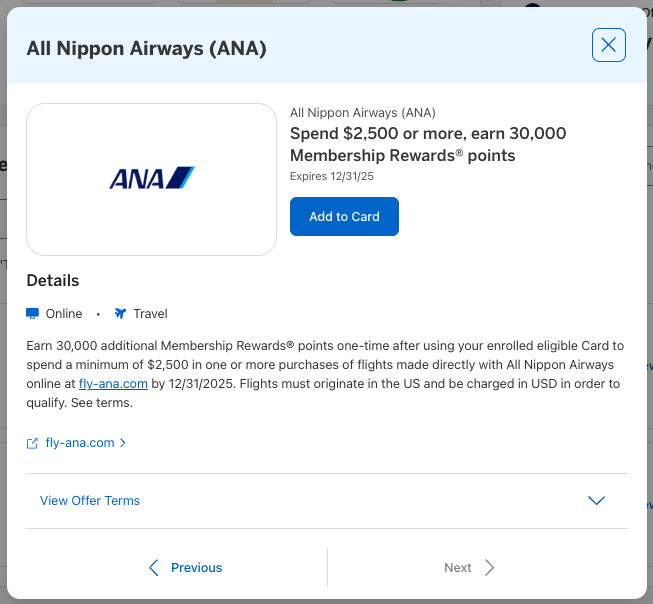 Amex Offer ANA flights October 2025 Amex Offer ANA flights October 2025