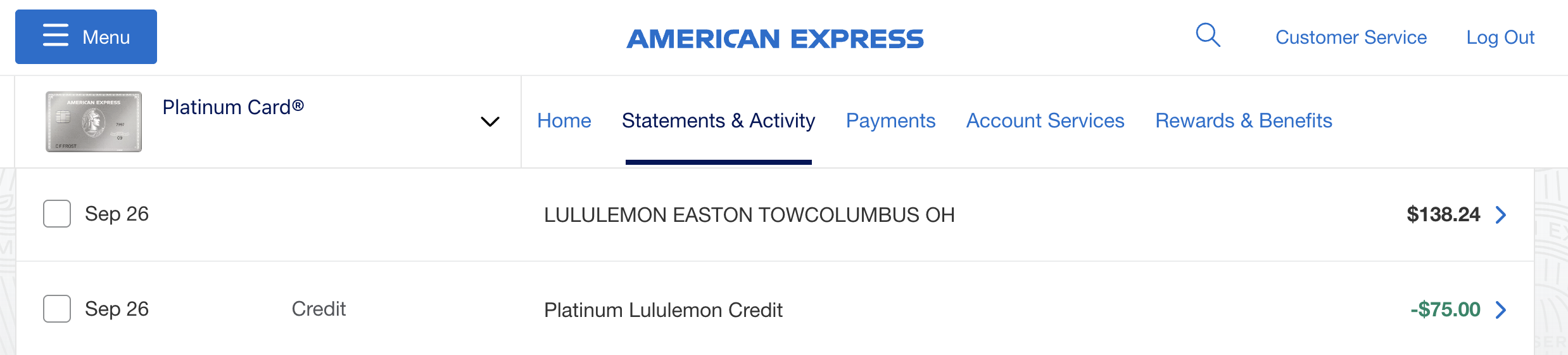 Amex Platinum lululemon statement credit