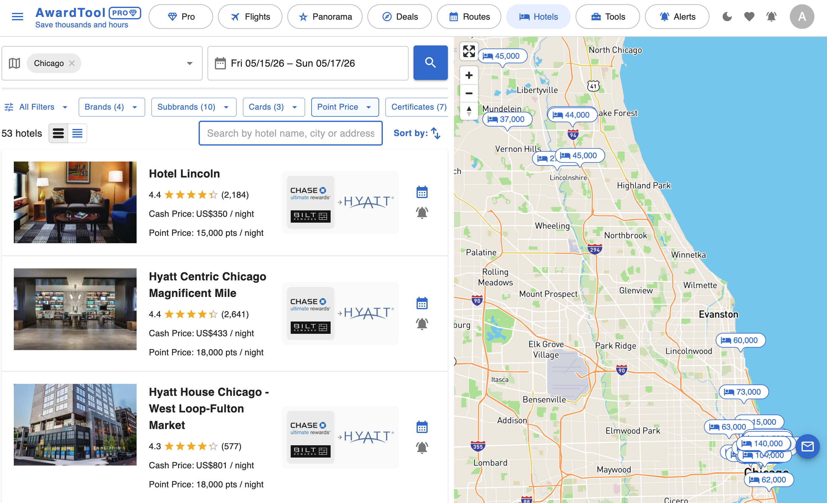 Award Tool Hotel Search Results