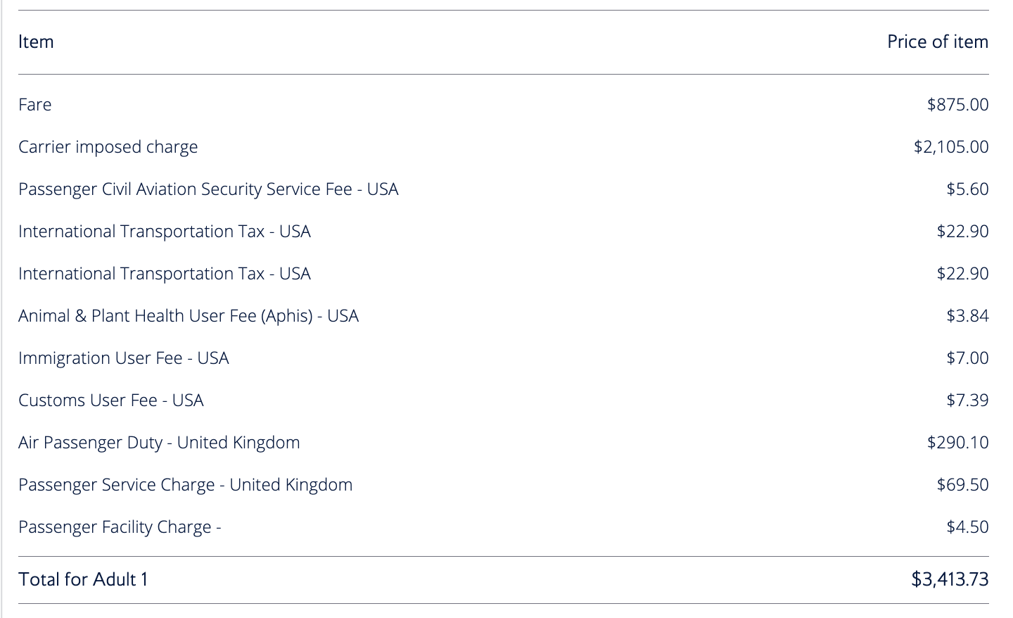 BA New York to London fare breakdown