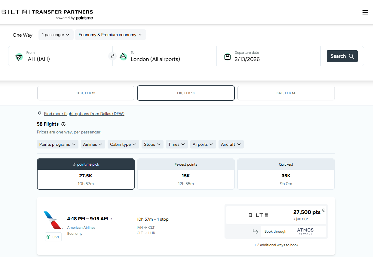 Bilt Rewards point.me transfer partners results page