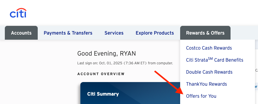 Citi Merchant Offers menu option Citi Merchant Offers menu option