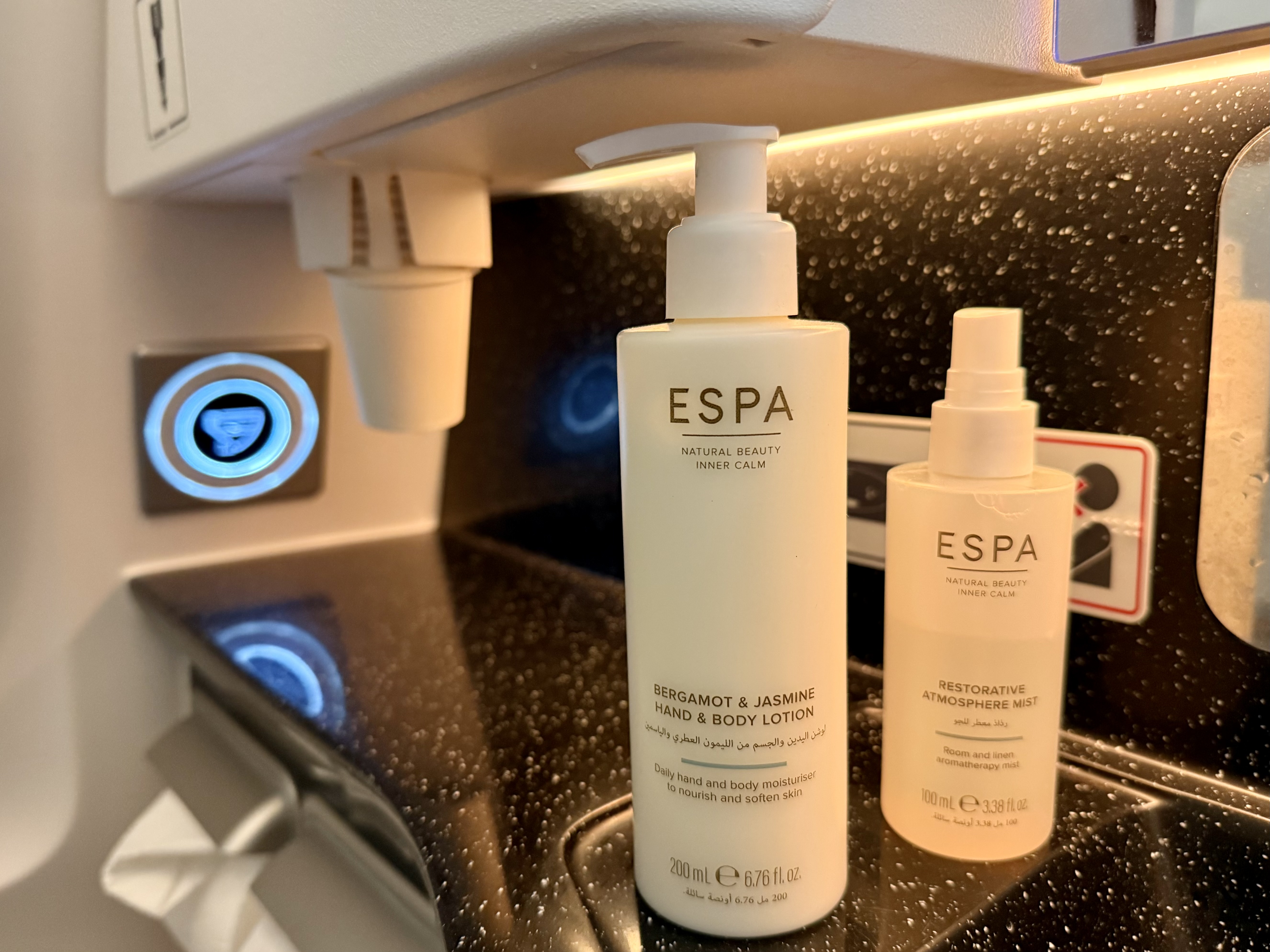 Etihad Airbus A321LR business class ESPA bathroom products