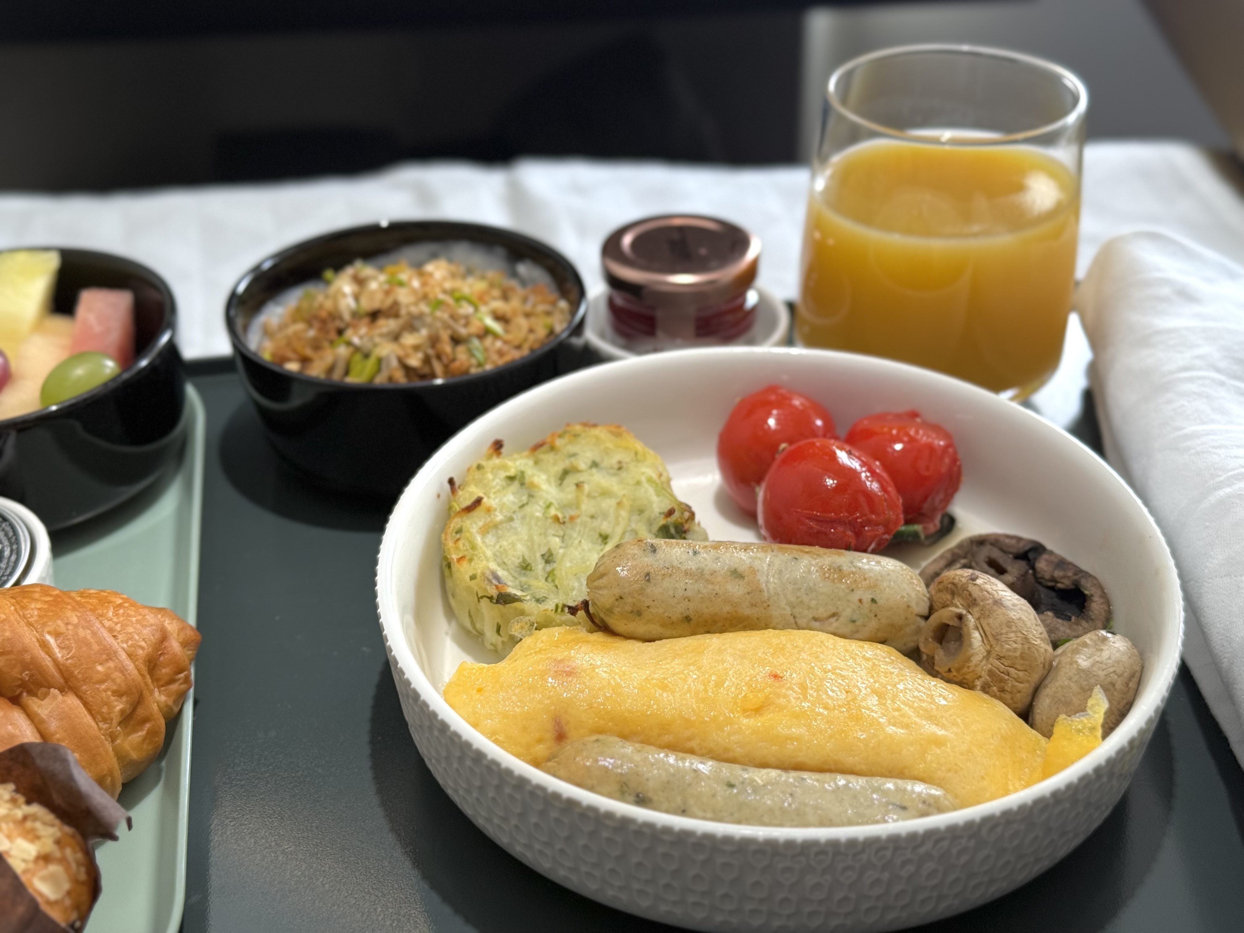 Etihad Airbus A321LR business class breakfast close up