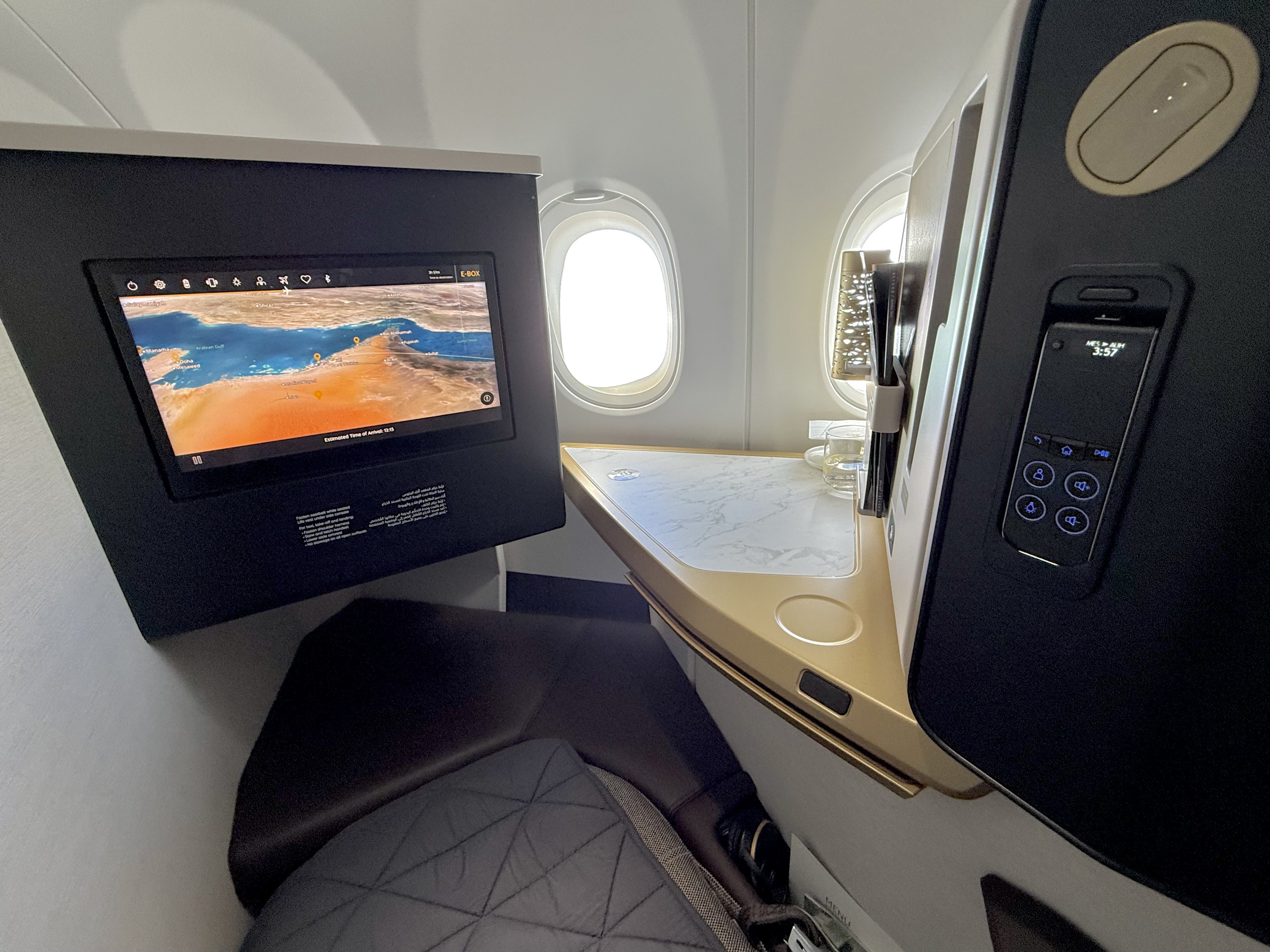 Etihad Airbus A321LR business class with seat laid flat