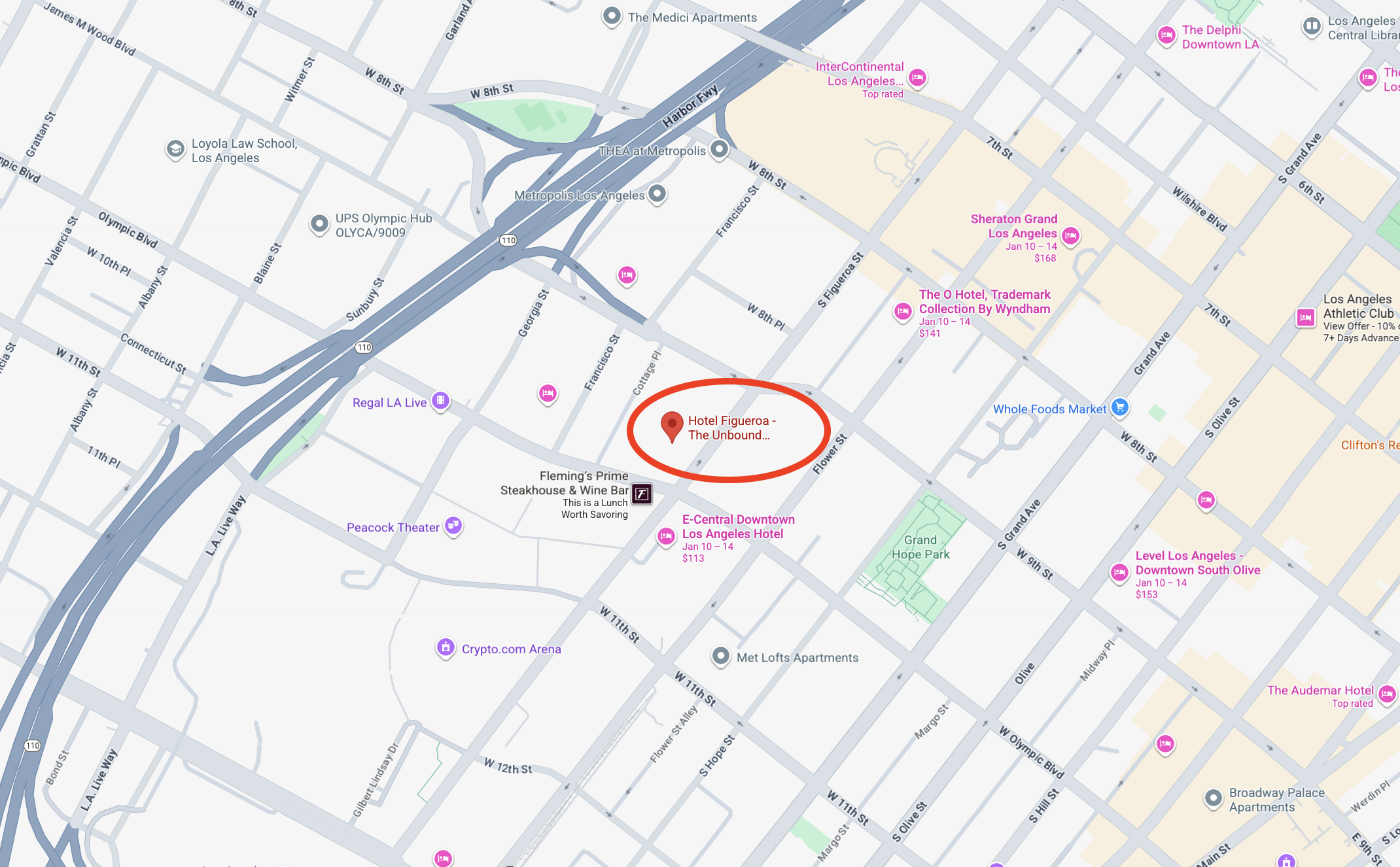 Hotel Figueroa Los Angeles location Google Maps 1