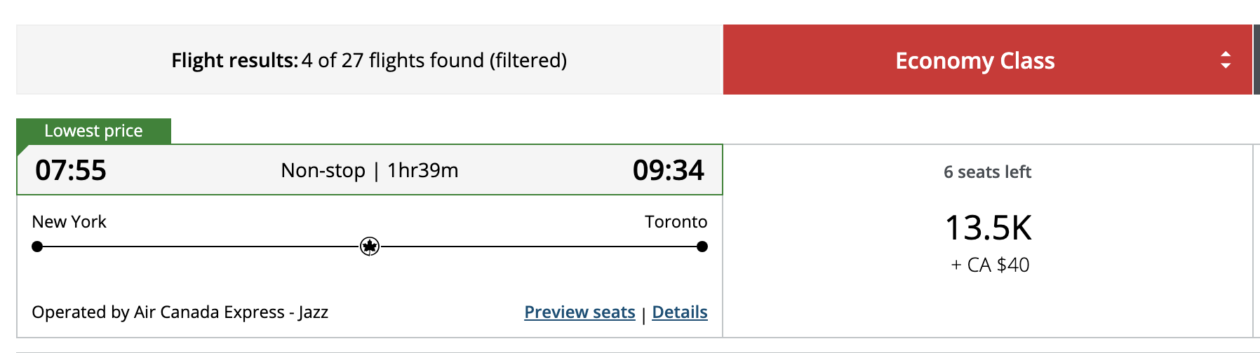 LGA YTZ Air Canada LGA YTZ Air Canada