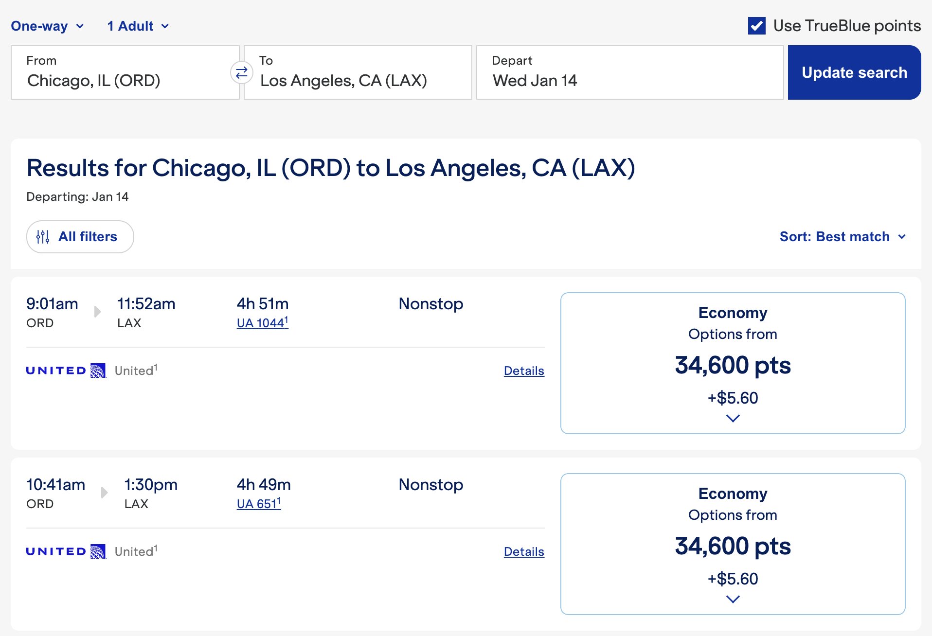 Screenshot 2025 10 23 at 8.38.31 AM United ORD LAX booked via JetBlue