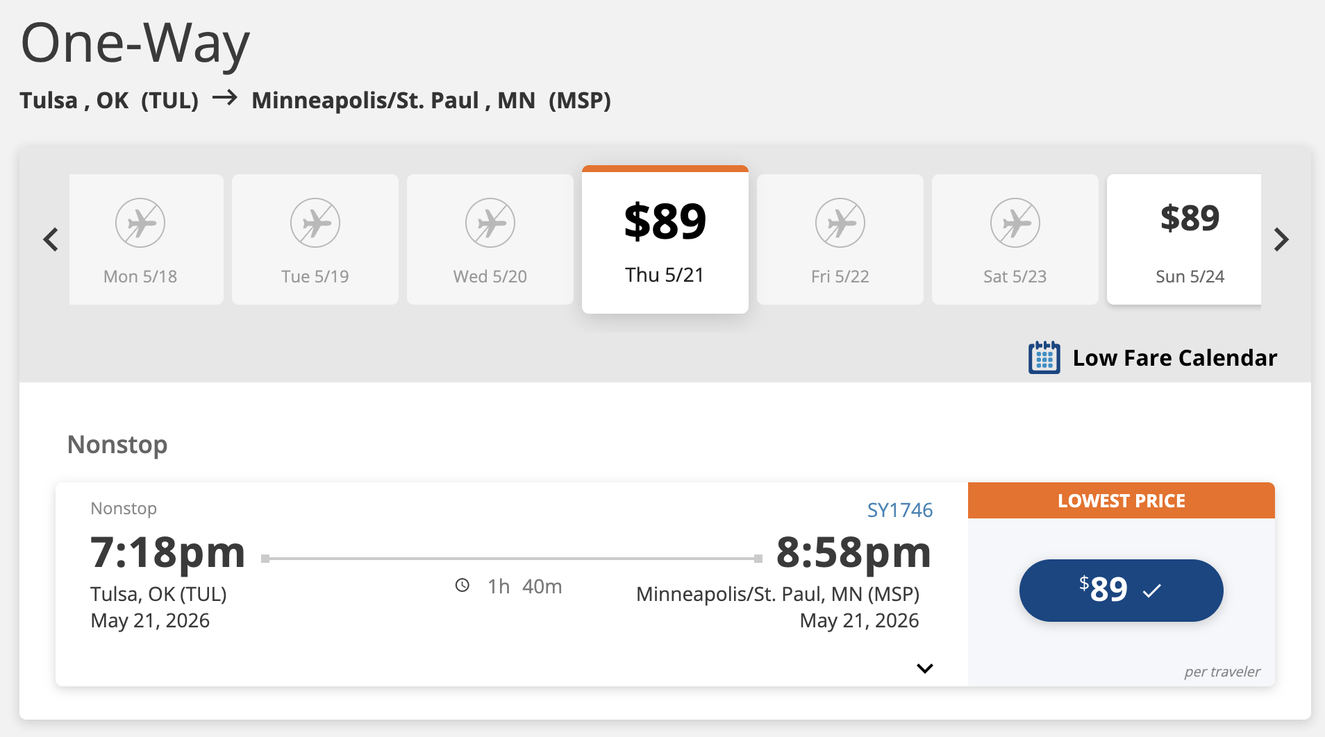 Sun Country TUL MSP one way fare