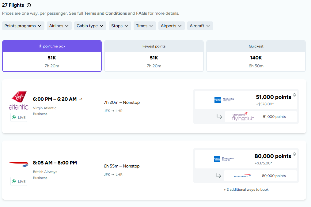 point.me flight search results