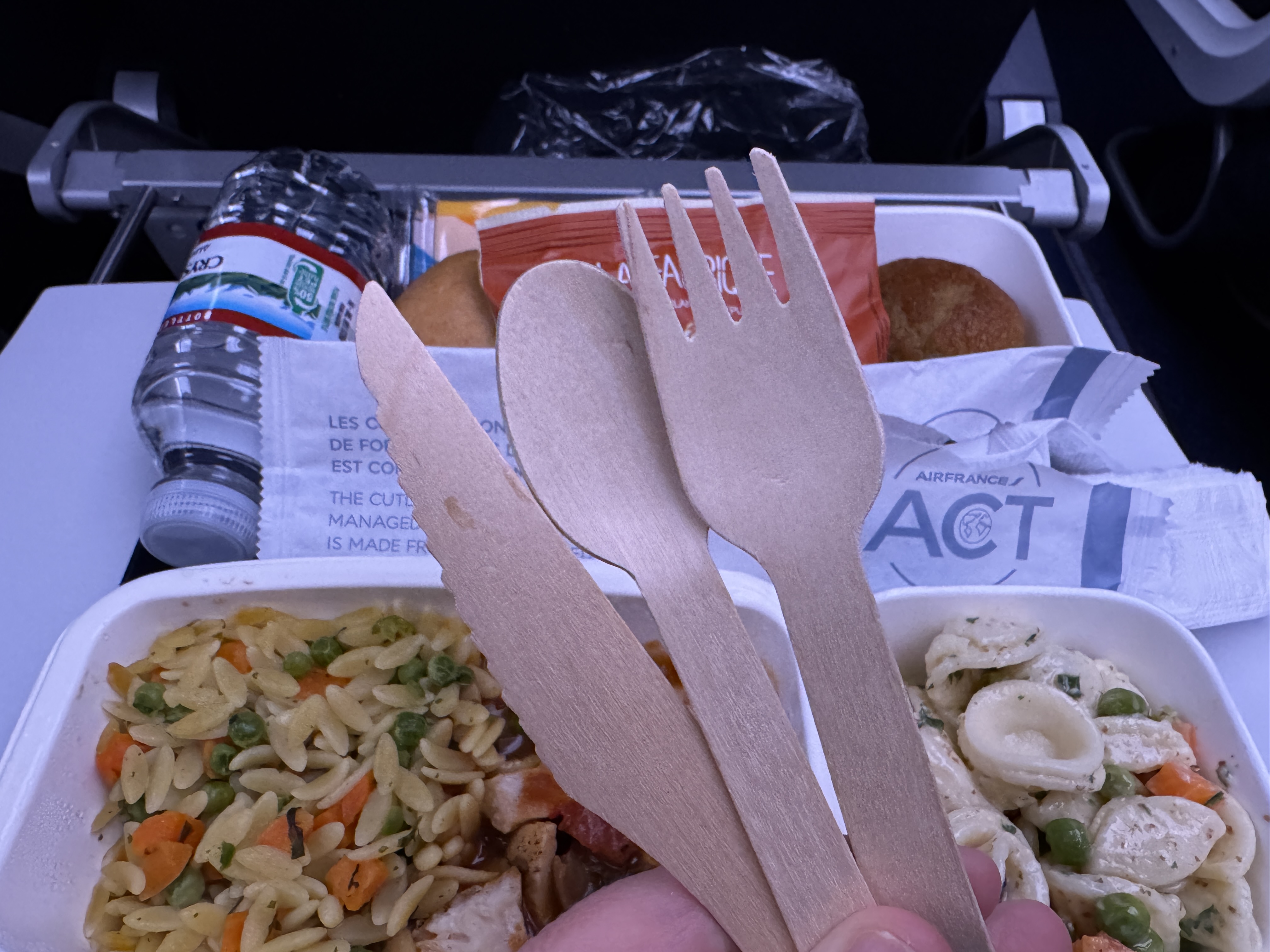 Air France A350 900 IAH CDG economy dinner wooden cutlery