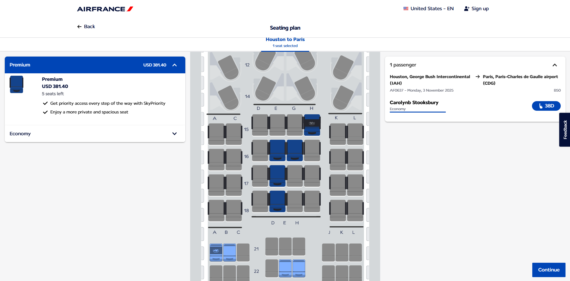 Air France A350 900 IAH CDG economy premium seat upsell